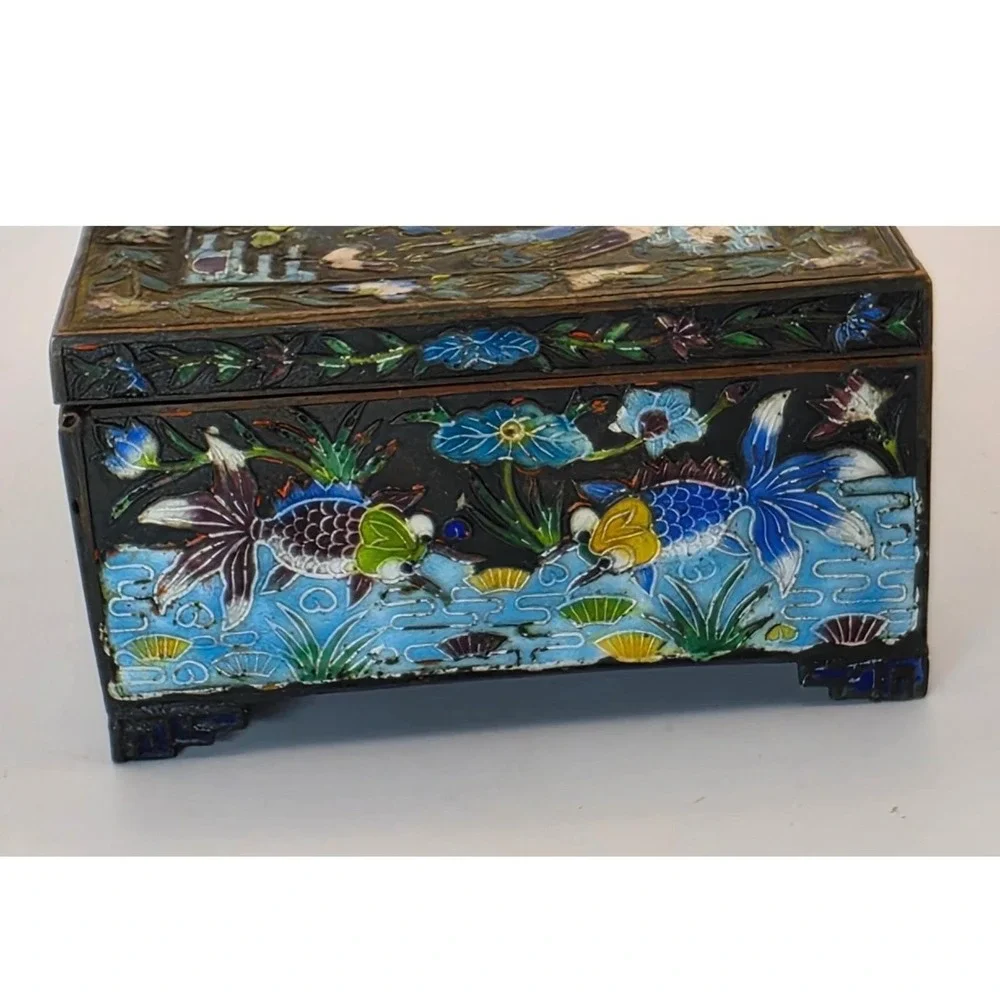 Vintage Chinese Cloisonne Enamel Jewelry Box Bird Koi Fish Champleve Wood Lined